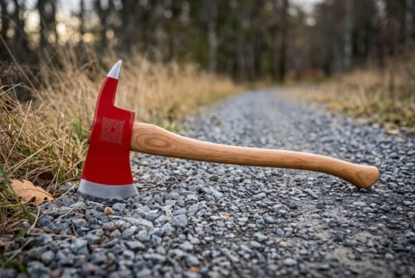 Emberbite Hand Forged 1095 Steel Felling Axe | 28 Inch Hickory Handle | Red Enamelled Head with Engraved Knotwork and Polished Bevel | Woodsman Camp Gift | RK-1555