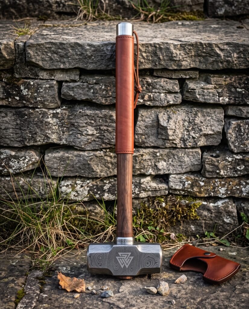 Blacksmith hammer with a Damascus patterned double faced head cut with a valknut, hardwood handle wrapped in leather, standing against a dry stone wall.