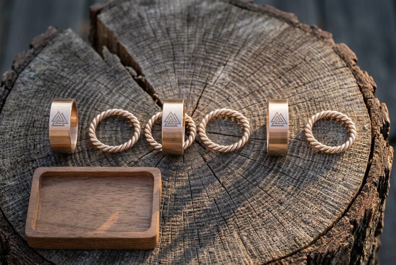 Gemini_Generated_Image_xrqoi7xrqoi7xrqo Seven piece viking beard beads set of bronze tone Valknut stamped bands and twisted wire rings arranged on a cracked oak log slice beside a small walnut tray