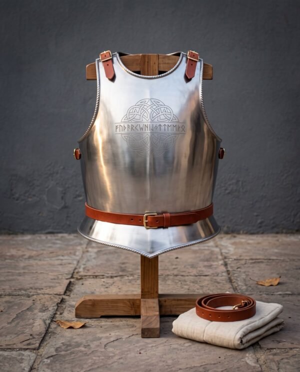 Hand forged steel breastplate in bright 18 gauge mild steel with roped edges, chased Norse knotwork, Elder Futhark runes and russet leather straps on a wooden armour stand