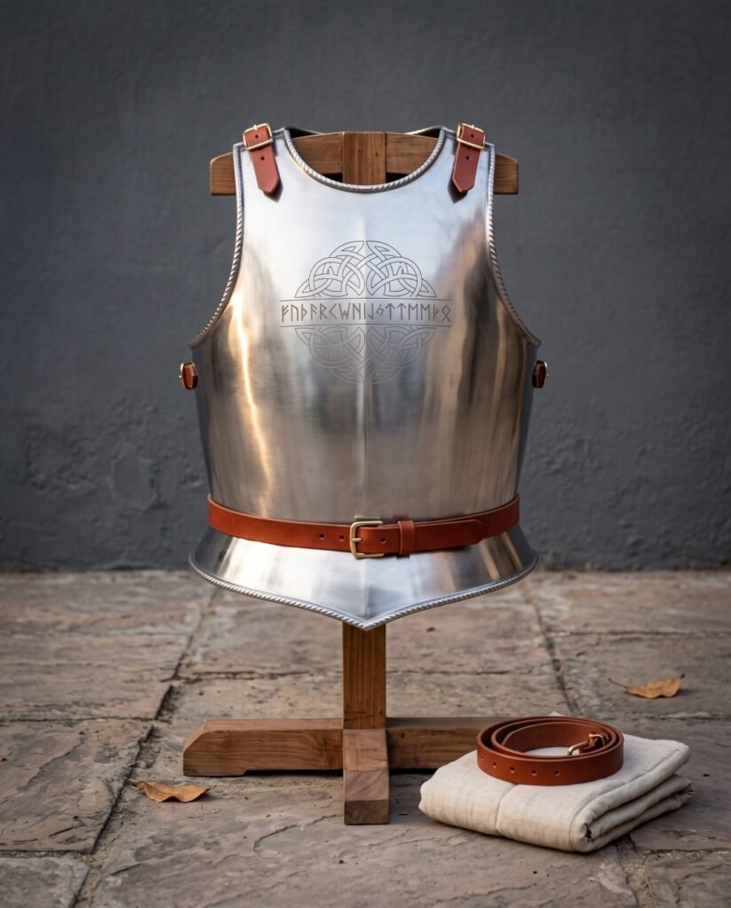 Hand forged steel breastplate in bright 18 gauge mild steel with roped edges, chased Norse knotwork, Elder Futhark runes and russet leather straps on a wooden armour stand