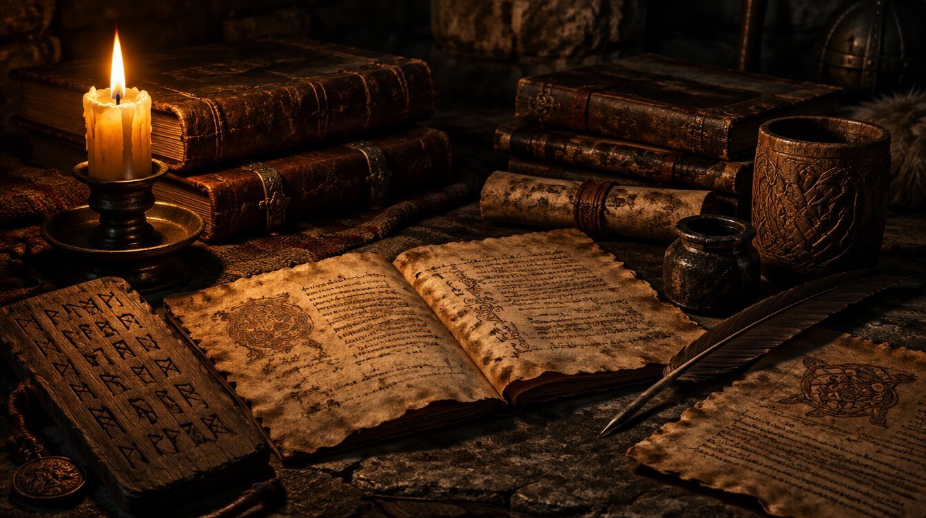 Ancient vellum manuscripts with runic inscriptions and a candle on a stone table