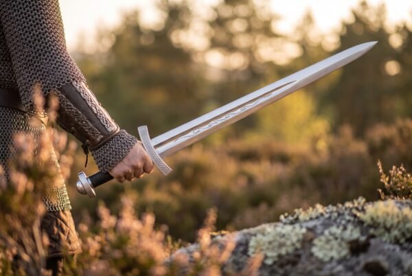 Arm in mail and tooled leather bracer holding a polished arming sword with serpent etched fuller over heather at sunset