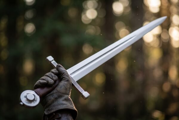Arming sword with an engraved crossguard and wheel pommel held up in a gloved hand against a soft forest background