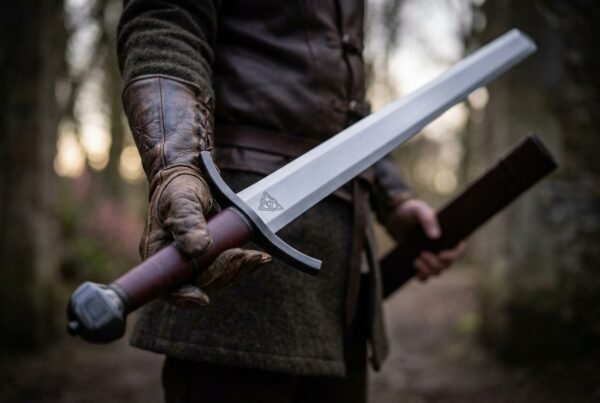 Arming sword with blackened curved guard, oxblood leather grip and faceted pommel held in a gloved hand