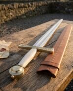 Arming sword with ivory toned grip and brass knotwork guard lying on a wooden table beside a tan leather scabbard