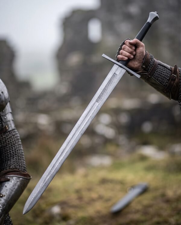 Armoured hand raising a Damascus steel hand and a half sword with interlace panel and black grip in a misty ruin