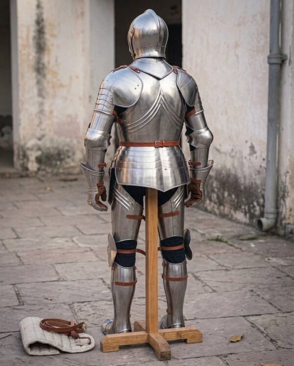 Back view of a steel plate armour harness on a wooden stand showing the backplate, leather straps and leg harness