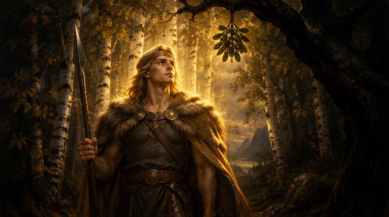 Baldur the Norse god bathed in golden light with mistletoe hanging above