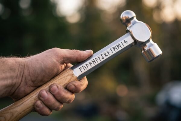 Ball pein blacksmith hammer with polished steel head and rune engraved shank held in a hand over an ash wood grip