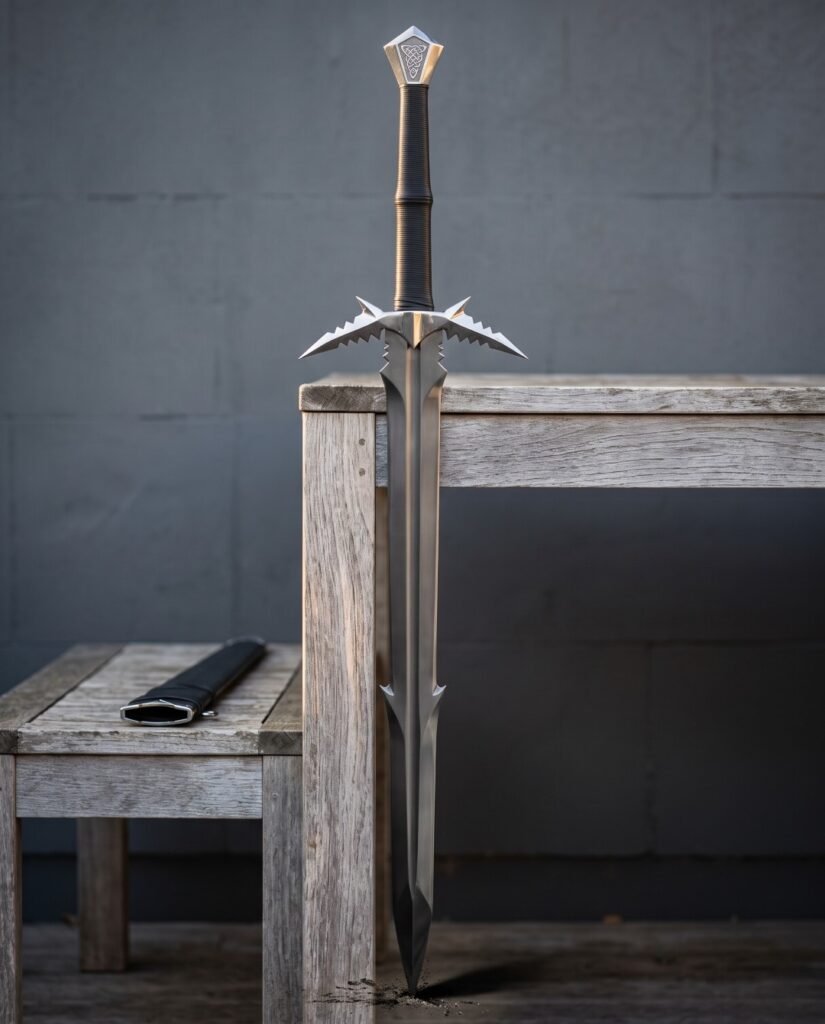 Barbed fantasy sword standing point down on a weathered wooden bench showing its spiked crossguard, knotwork pommel and black scabbard against a grey wall