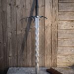 Thornbite Hand Forged Damascus Fantasy Sword with Barbed Guard | 40 Inch Overall and 32 Inch Blade | Wave Blade and Blackened Fittings and Faceted Pommel | Collector Gift | RK-2132