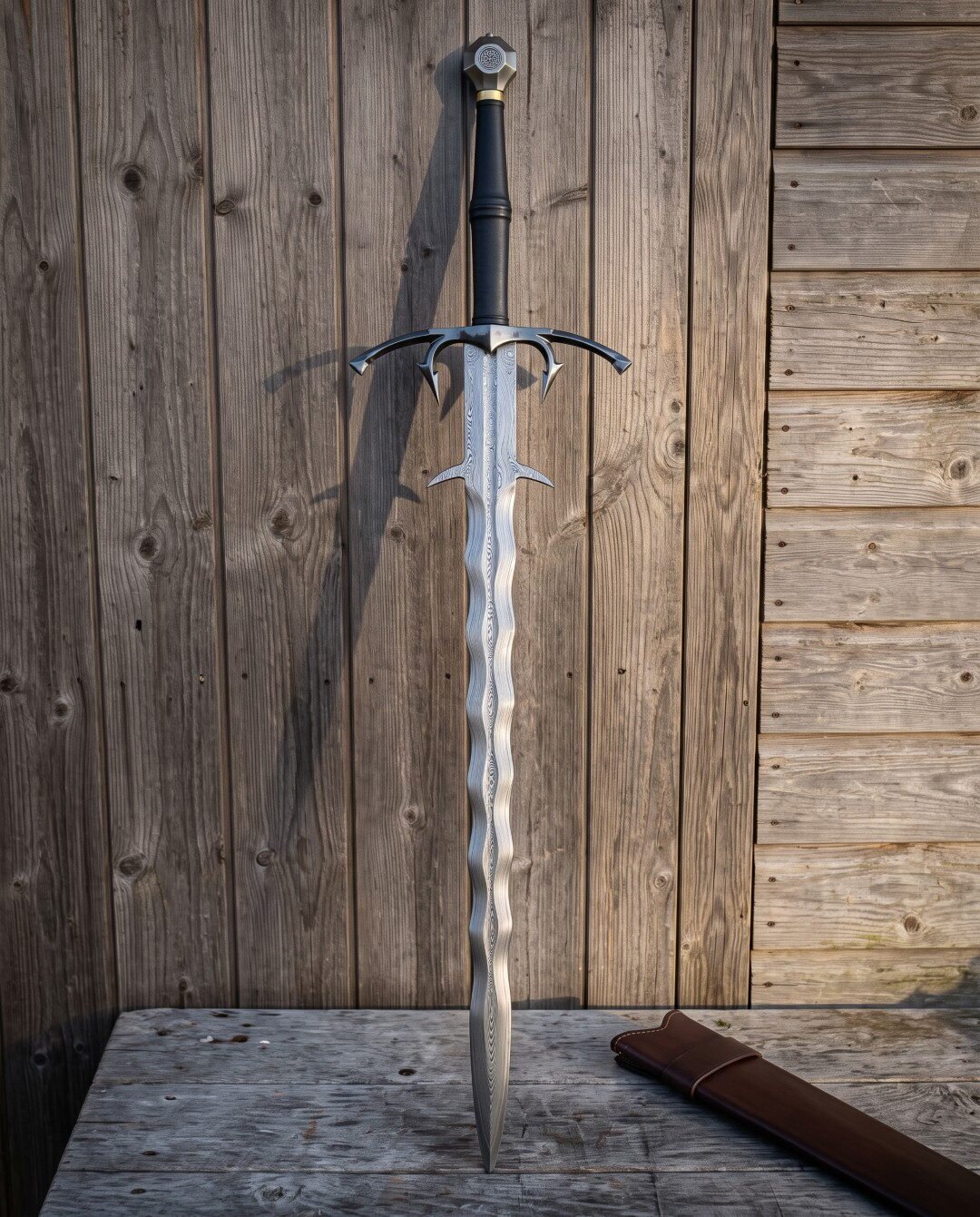 Barbed guard damascus sword with a forged wave blade, standing steel barbs above the ricasso and blackened faceted pomme Barbed guard damascus sword with a forged wave blade, standing steel barbs above the ricasso and blackened faceted pommel displayed against a weathered timber barn wall