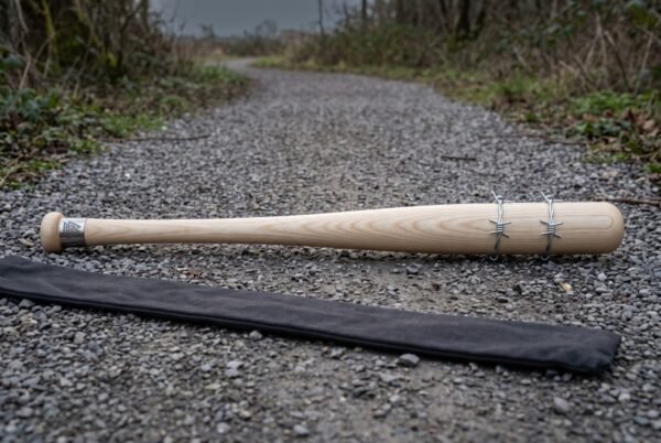 Barbcrown Hand Made Ash Barbed Wire Bat | 32 Inch Overall | Galvanised Wire Wrap and Engraved Steel Butt Cap with Canvas Carry Sleeve | Horror Display Gift | RK-1942