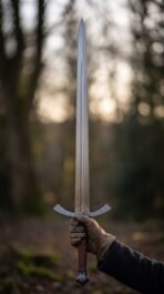 Steel arming sword with arched crossguard held aloft in a gloved hand, long fullered blade pointing upward through bare trees