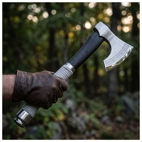Bearded axe with Celtic knotwork etched along the edge, dark wood haft and wrapped grip held in a gloved hand