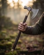 Bearded axe with etched knotwork blade and leather wrapped grip held upright in a hand in a misty forest clearing