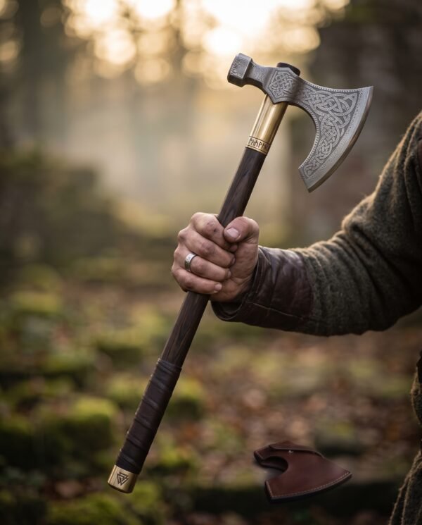 Bearded axe with etched knotwork blade and leather wrapped grip held upright in a hand in a misty forest clearing