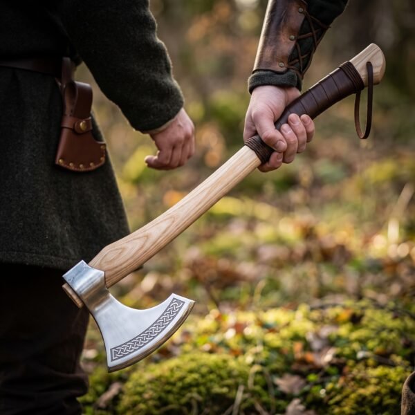 Bearded axe with knotwork engraved head and leather wrapped ash haft held low in one hand over mossy ground