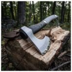Bearded axe with knotwork etched head and dark wood haft resting on a split log beside its brown leather cover