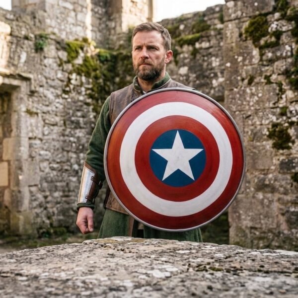 Bearded man holding a painted round steel shield with concentric bands and a star in front of a ruined stone wall