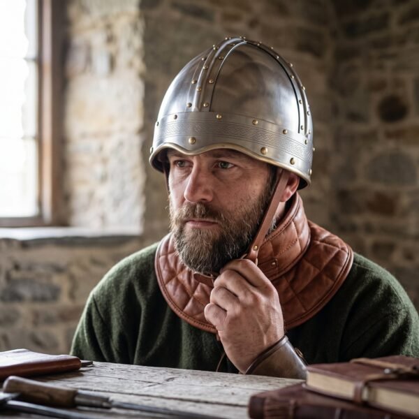 Bearded man in a green tunic and padded leather collar wearing a riveted steel spangenhelm and fastening the chin strap