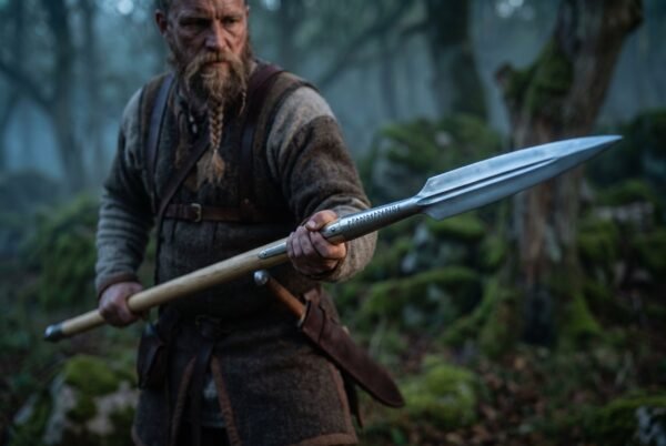 Bearded man in a wool tunic holding a Viking spear with leaf blade and ash haft in a misty mossy forest