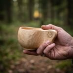 Birch kuksa wooden cup with a vegvisir burned into the handle held in one hand in woodland, carved bowl facing the camera
