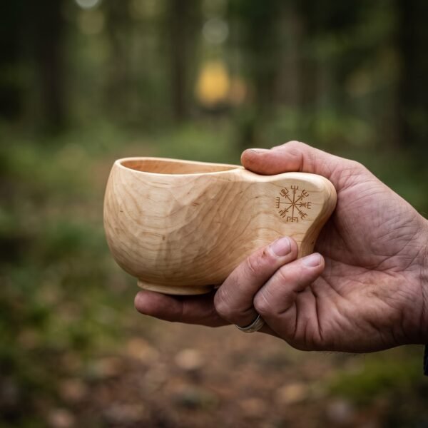 Birch kuksa wooden cup with a vegvisir burned into the handle held in one hand in woodland, carved bowl facing the camera