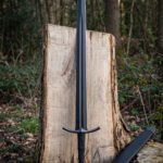 Nightbough Hand Forged 1095 Steel Blackened Arming Sword with Yggdrasil Tree Pommel & Cord Wrapped Grip | 37 Inch Overall | Downswept Guard and Black Scabbard | Norse Collector Gift | RK-1993