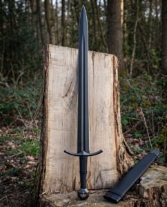 Black knight sword standing against a split log in bare woodland, blackened blade with bright edge bevels, downswept guard and its black scabbard resting on the stump