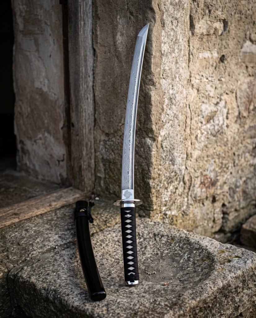 Black saya wakizashi with a folded Damascus blade and cord wrapped handle standing on a weathered stone trough in front of a rendered farmhouse wall