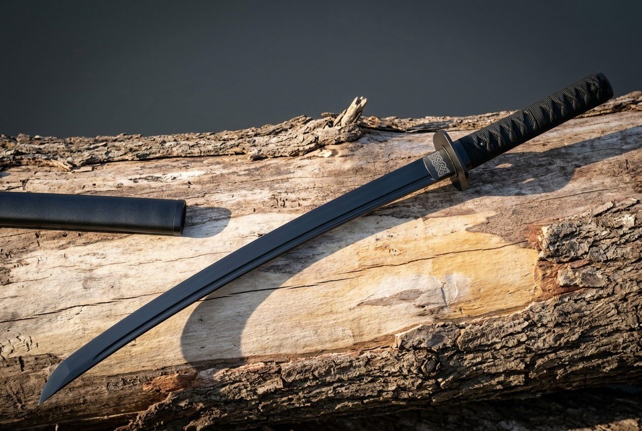 Black wakizashi short sword in blackened 1095 steel with a cord wrapped tsuka and dark tsuba resting on a fallen bleache Black wakizashi short sword in blackened 1095 steel with a cord wrapped tsuka and dark tsuba resting on a fallen bleached log beside its matte black saya