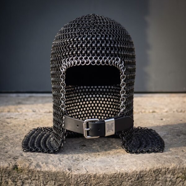 Ravenmail Hand Forged Blackened Chainmail Coif | Butted Mild Steel Mail | Integral Ventail, Bright Ring Face Course and Raven Strap | Viking Gift | RK-1480