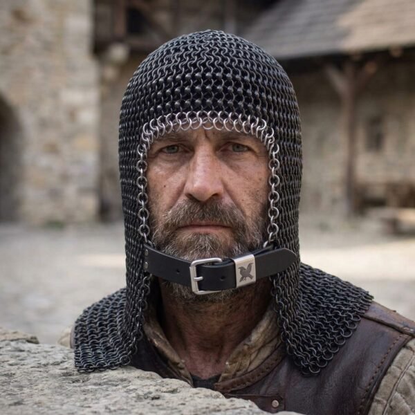 Blackened chainmail coif with a bright ring course around the face and a black leather chin strap with raven buckle plate worn by a bearded man