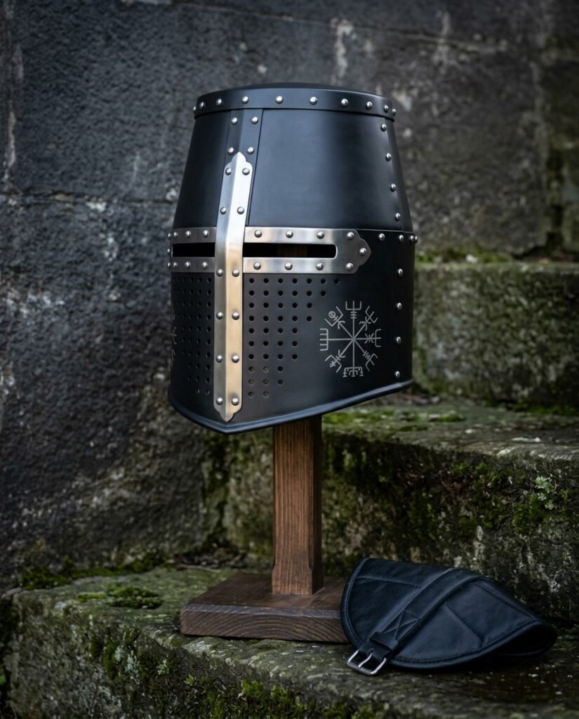 Blackened crusader helmet, a hand forged 16 gauge great helm with a polished steel cross reinforce, domed rivets and a chased Vegvisir, on a wooden stand by mossy steps
