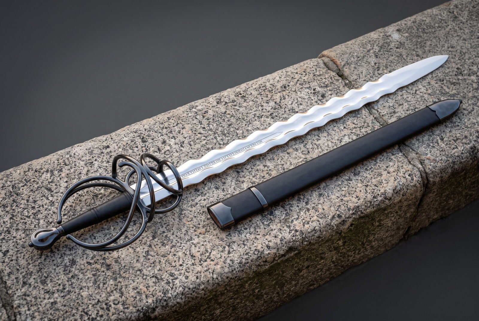 Blackened flamberge sword with a polished wavy 1095 blade and swept ring hilt lying on a granite ledge beside its black Blackened flamberge sword with a polished wavy 1095 blade and swept ring hilt lying on a granite ledge beside its black leather scabbard with steel fittings.