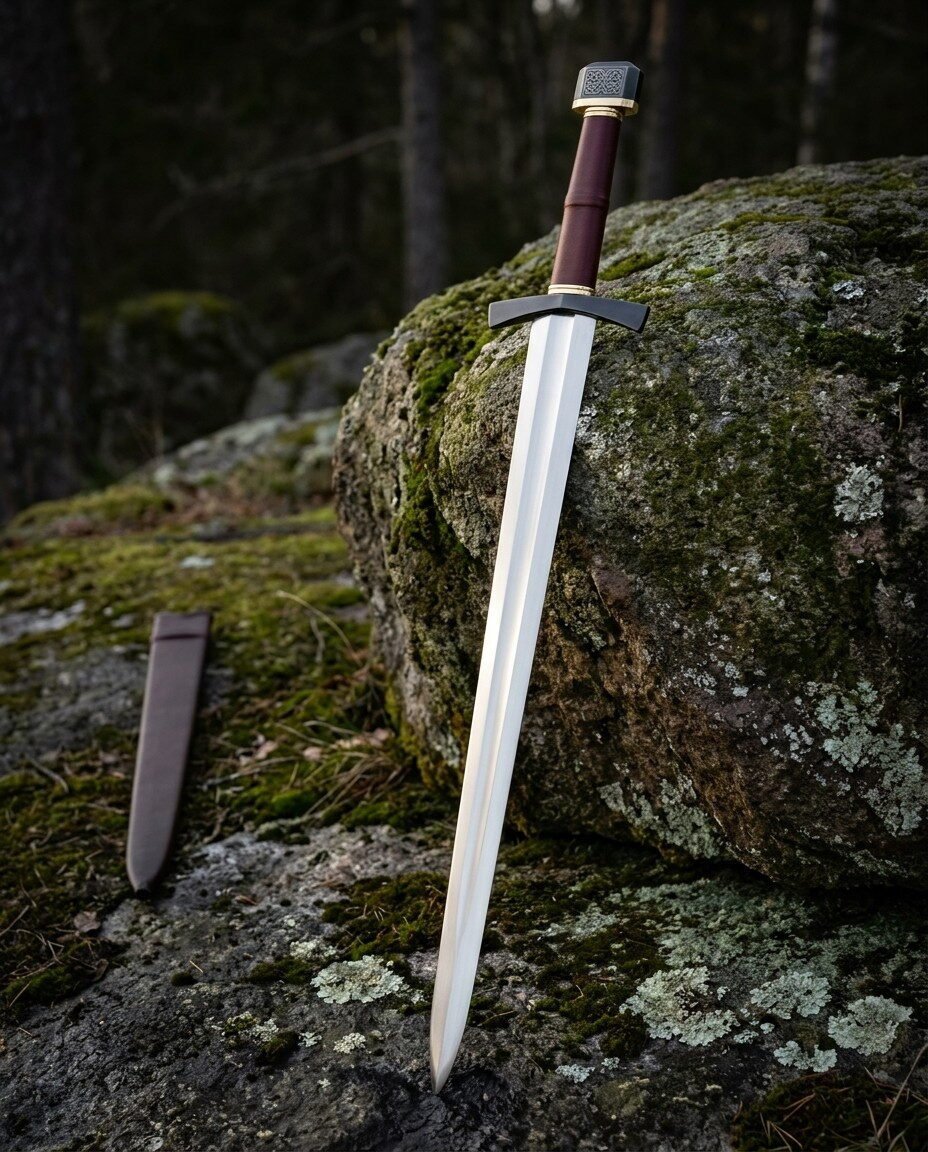 Blackened knotwork pommel viking arming sword in hand forged 1095 steel with an oxblood leather grip standing against a Blackened knotwork pommel viking arming sword in hand forged 1095 steel with an oxblood leather grip standing against a lichen covered forest boulder