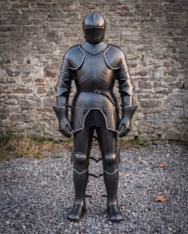Blackened plate armour suit standing straight on with closed helm, fluted breastplate and rune line on a gravel yard