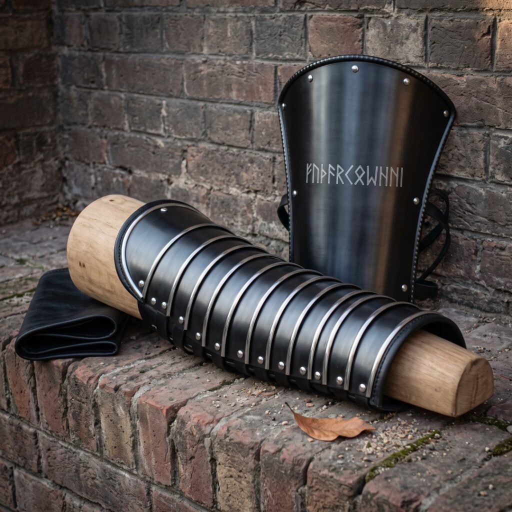 Blackened steel bracers and an articulated manica arm guard with rune cut lettering and black leather straps on a brick ledge against an old wall.