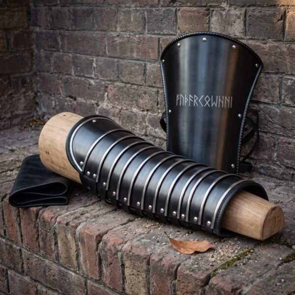 Blackened steel bracers and an articulated manica arm guard with rune cut lettering and black leather straps on a brick ledge against an old wall.