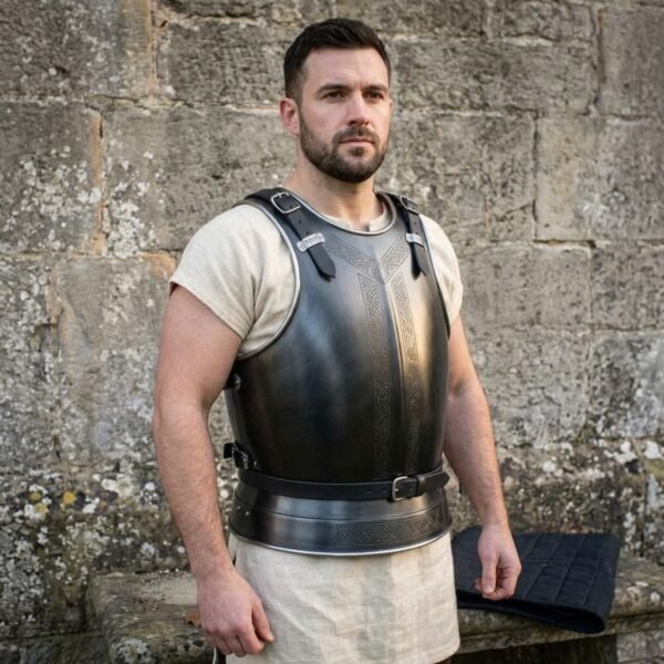 Blackened steel breastplate with chased knotwork on the chest and leather shoulder straps worn over a cream tunic by a dark haired man