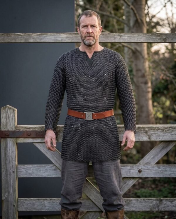 Blackened steel chainmail hauberk with elbow length sleeves worn over grey trousers with a red leather belt by a bearded man at a wooden gate