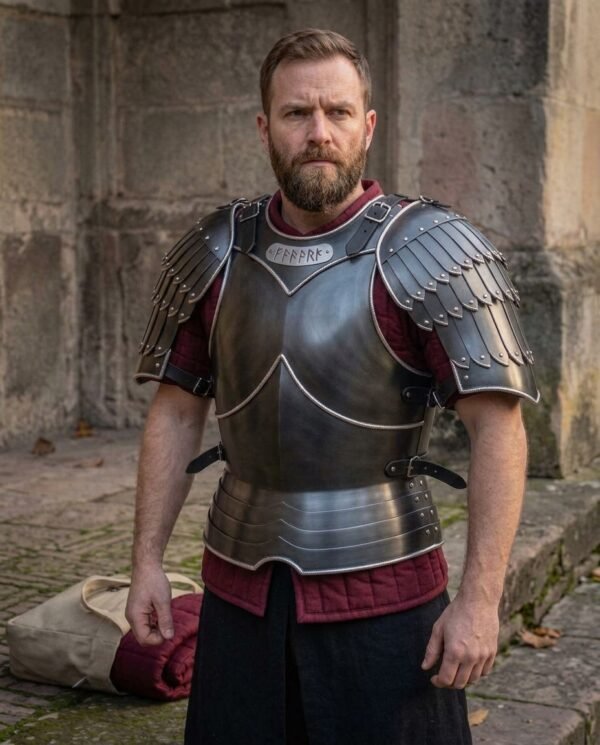 Blackened steel cuirass with laminated pauldrons and rune plaque worn over a burgundy quilted tunic by a bearded man outside a stone building