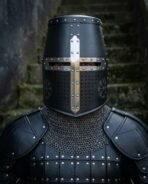 Blackened steel great helm with polished cross reinforce and chased vegvisir worn over a chainmail collar and riveted black leather armour