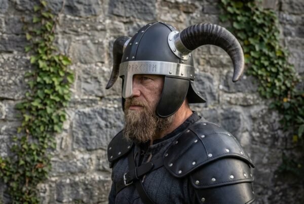 Blackened steel horned helmet with buffalo horns and rune brow band worn by a bearded man in leather armour