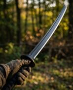Blackened steel sword with curved blade and square guard held up in a gloved hand, sunlit autumn woodland behind