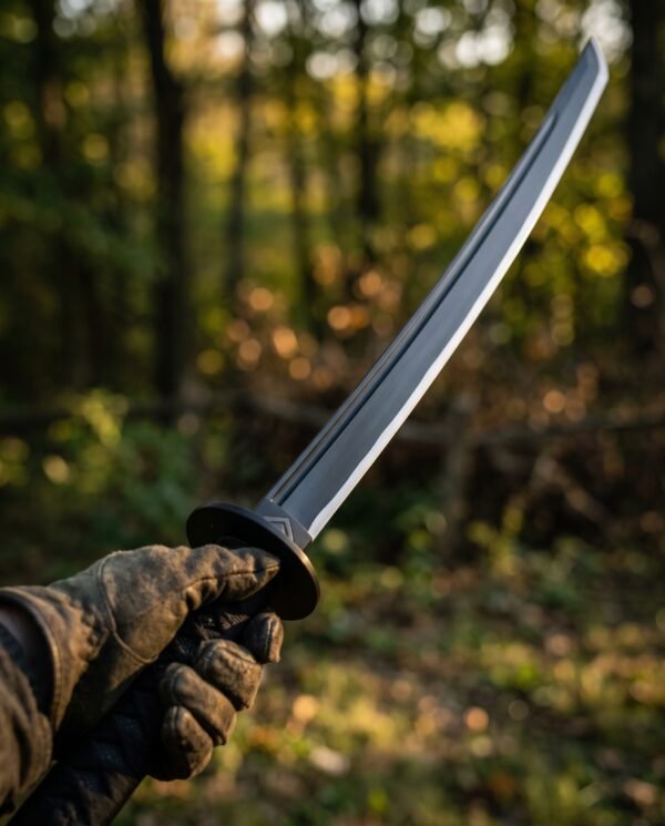 Blackened steel sword with curved blade and square guard held up in a gloved hand, sunlit autumn woodland behind