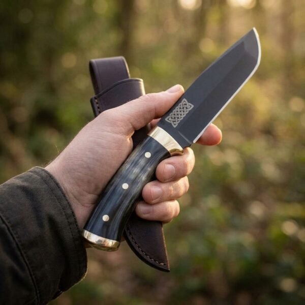 Blackened steel tanto knife with dark buffalo horn scales, brass bolster and knotwork etched blade held in hand, dark leather belt sheath behind