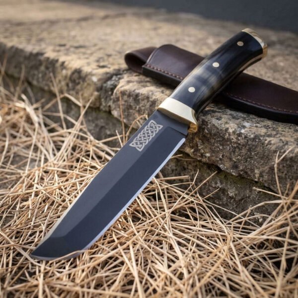 Blackened tanto knife with horn handle and brass bolster angled on straw and stone, etched knotwork near the guard